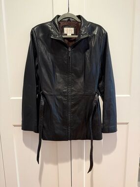 Worthington Genuine Lambskin Black Leather Zip-Front Women's Jacket with Belt L
